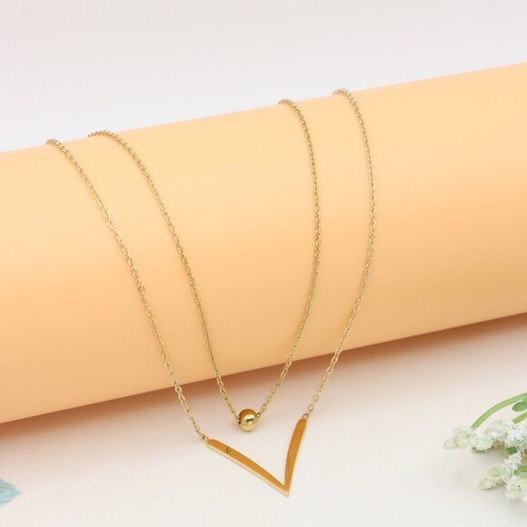 Layered Yellow Necklace with V-Shaped Pendant and Gold Bead, XPNL0370 - Picture 4 of 13